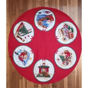 Vintage 80s Handmade Red Quilted Christmas Tree Skirt  Bow Bear Grandmacore